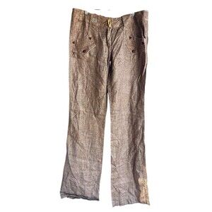Raison D'etre Women's Pants Wide Leg 100% Linen Brown Pockets Size 32 NEW